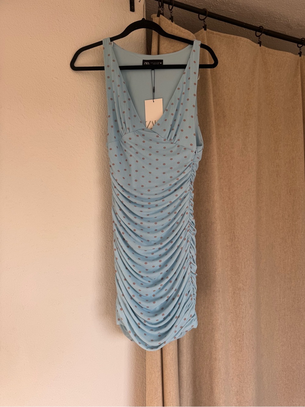 ZARA Light Blue Polka Dot Ruched V-Neck Mini Dress